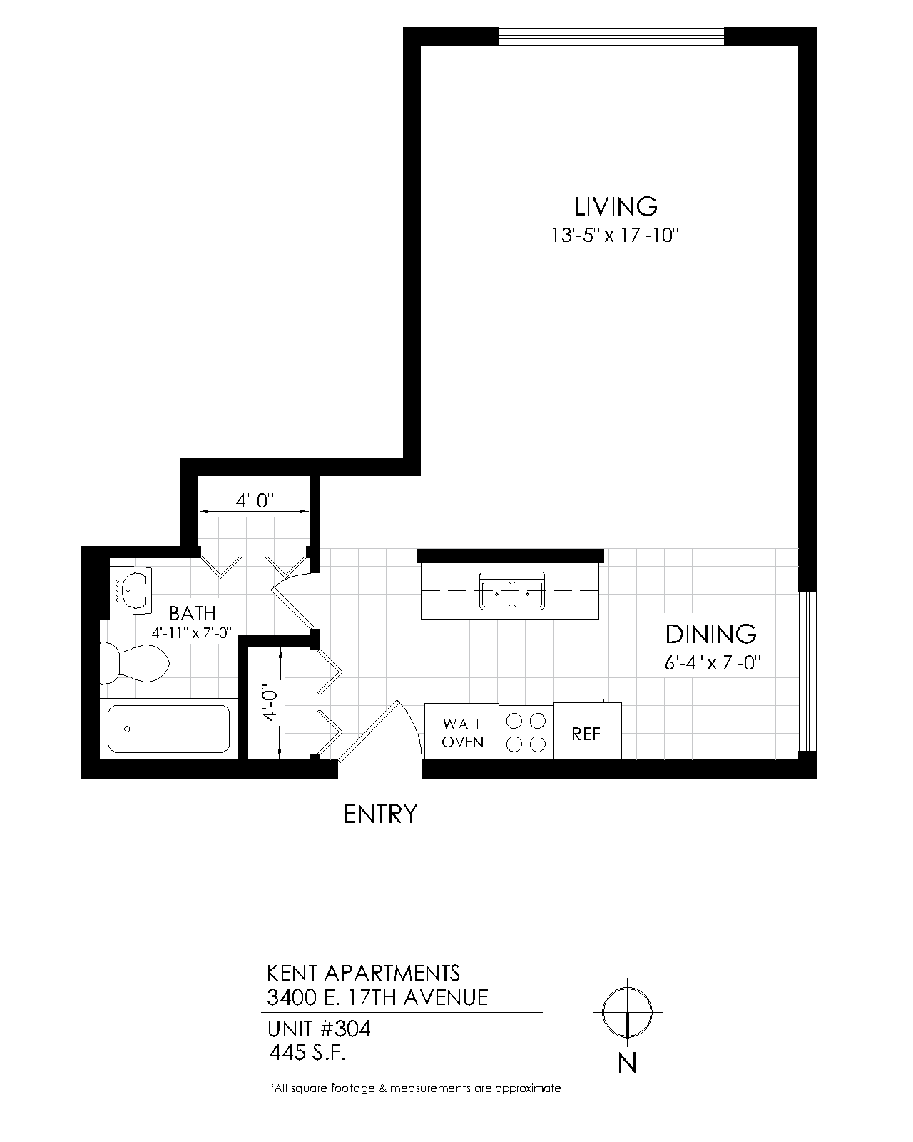Floor plan for studio, 1 bath, 445 sqft